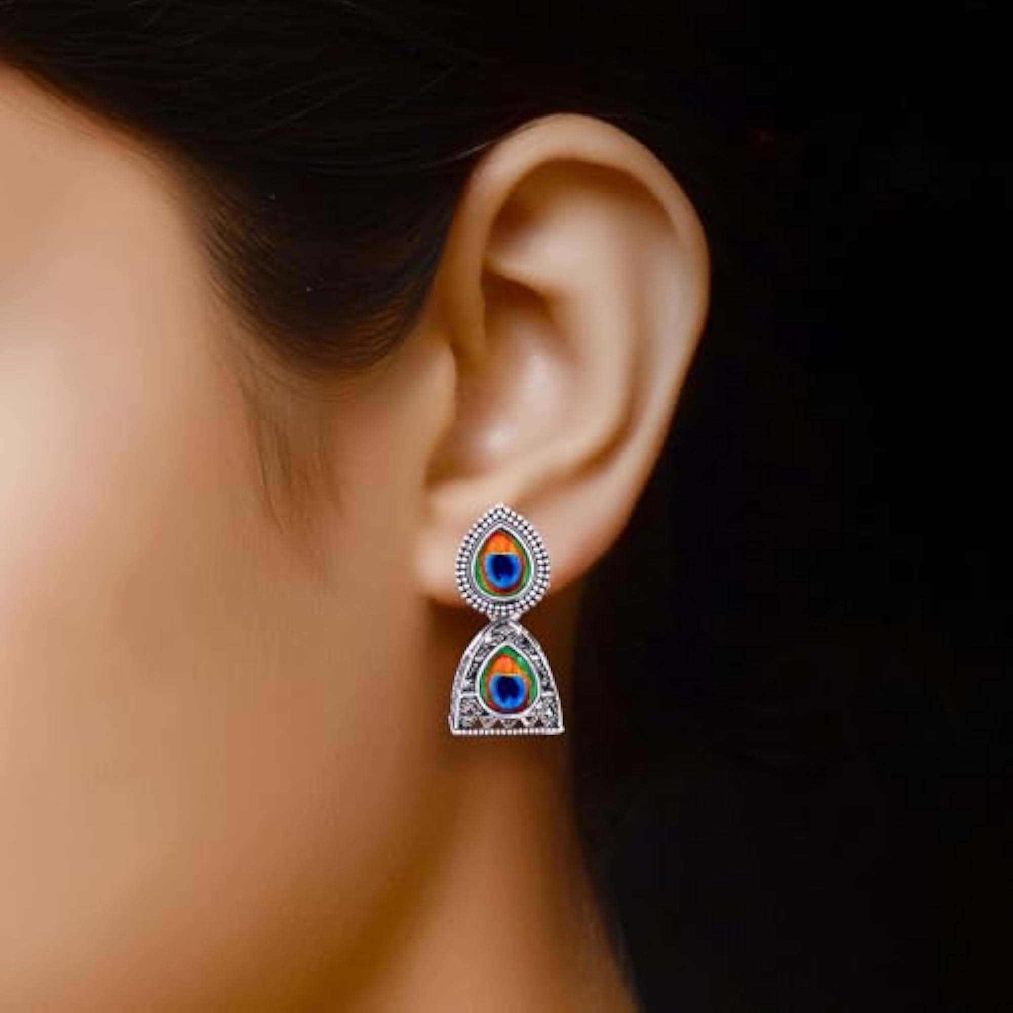 Women's Oxidised Silver Chandbali Jhumka Earrings with Pearl Accents